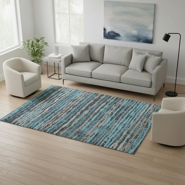 HomeRoots 5' X 8' Persian Blue & Charcoal Striped Area Rug - Washable, UV-Protected & Stain-Resistant Design 644037