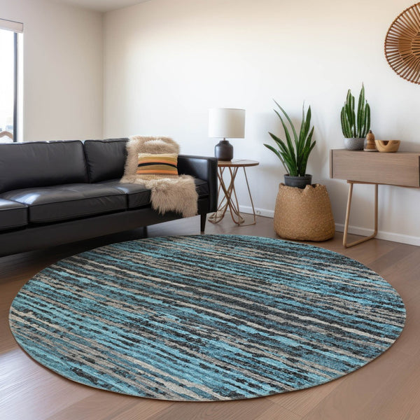 HomeRoots 8' Persian Blue and Charcoal Striped Washable Round Rug - Durable, UV-Protected, Easy-Care Design! 644038