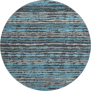 HomeRoots 8' Persian Blue and Charcoal Striped Washable Round Rug - Durable, UV-Protected, Easy-Care Design! 644038