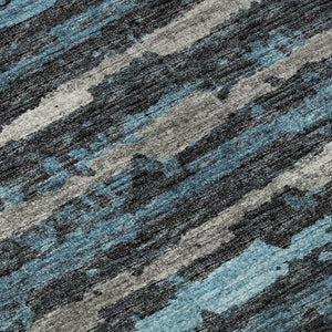 HomeRoots 8' Persian Blue and Charcoal Striped Washable Round Rug - Durable, UV-Protected, Easy-Care Design! 644038