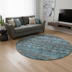 HomeRoots 8' Persian Blue and Charcoal Striped Washable Round Rug - Durable, UV-Protected, Easy-Care Design! 644038