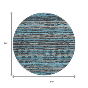 HomeRoots 8' Persian Blue and Charcoal Striped Washable Round Rug - Durable, UV-Protected, Easy-Care Design! 644038