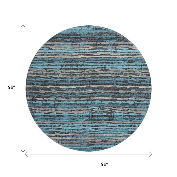 HomeRoots 8' Persian Blue and Charcoal Striped Washable Round Rug - Durable, UV-Protected, Easy-Care Design! 644038