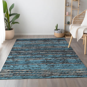 HomeRoots 8' X 10' Persian Blue Striped Area Rug - Washable, UV-Protected, Stain-Resistant for Busy Homes 644039