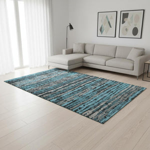 HomeRoots 8' X 10' Persian Blue Striped Area Rug - Washable, UV-Protected, Stain-Resistant for Busy Homes 644039