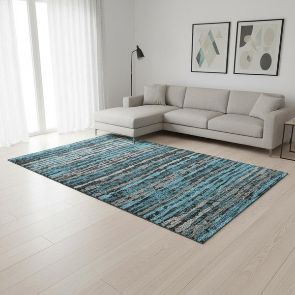 HomeRoots 8' X 10' Persian Blue Striped Area Rug - Washable, UV-Protected, Stain-Resistant for Busy Homes 644039