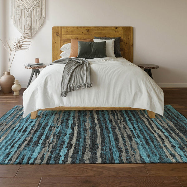 HomeRoots 8' X 10' Persian Blue Striped Area Rug - Washable, UV-Protected, Stain-Resistant for Busy Homes 644039