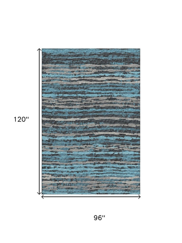 HomeRoots 8' X 10' Persian Blue Striped Area Rug - Washable, UV-Protected, Stain-Resistant for Busy Homes 644039