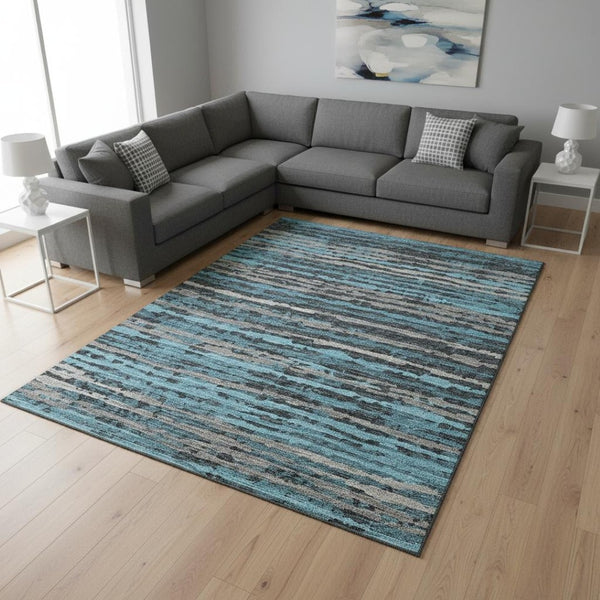 HomeRoots 9' X 12' Persian Blue Charcoal Striped Area Rug - Washable, UV Protected, Durable Design for Homes 644040
