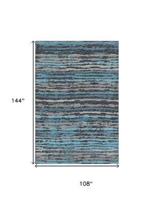HomeRoots 9' X 12' Persian Blue Charcoal Striped Area Rug - Washable, UV Protected, Durable Design for Homes 644040