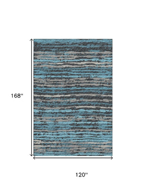 HomeRoots 10' X 14' Persian Blue & Charcoal Striped Washable Area Rug with UV Protection for Busy Homes 644041