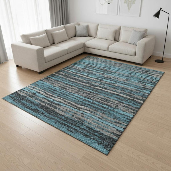 HomeRoots 10' X 14' Persian Blue & Charcoal Striped Washable Area Rug with UV Protection for Busy Homes 644041