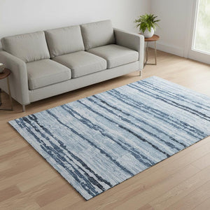 HomeRoots 5' X 8' Blue and Ivory Striped Indoor-Outdoor Washable Area Rug with UV Protection and Durability 644043