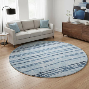 HomeRoots 8' Blue and Ivory Striped Round Rug - Washable, UV Protected, Durable for Kids & Pets, Coastal Charm 644044