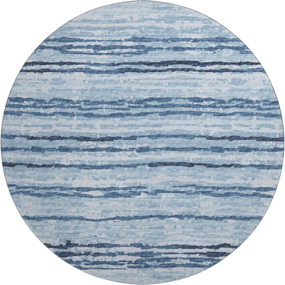 HomeRoots 8' Blue and Ivory Striped Round Rug - Washable, UV Protected, Durable for Kids & Pets, Coastal Charm 644044