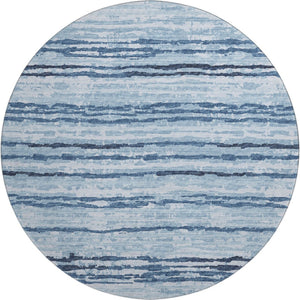 HomeRoots 8' Blue and Ivory Striped Round Rug - Washable, UV Protected, Durable for Kids & Pets, Coastal Charm 644044