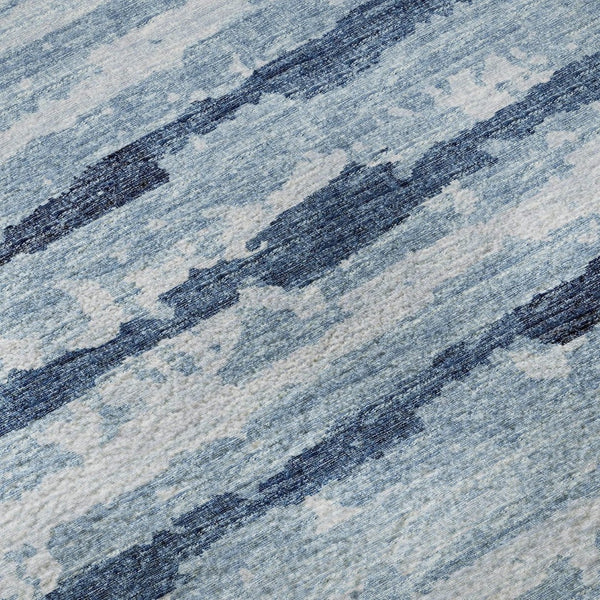 HomeRoots 8' Blue and Ivory Striped Round Rug - Washable, UV Protected, Durable for Kids & Pets, Coastal Charm 644044