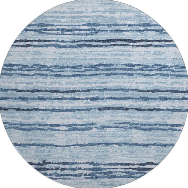 HomeRoots 8' Blue and Ivory Striped Round Rug - Washable, UV Protected, Durable for Kids & Pets, Coastal Charm 644044
