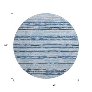 HomeRoots 8' Blue and Ivory Striped Round Rug - Washable, UV Protected, Durable for Kids & Pets, Coastal Charm 644044