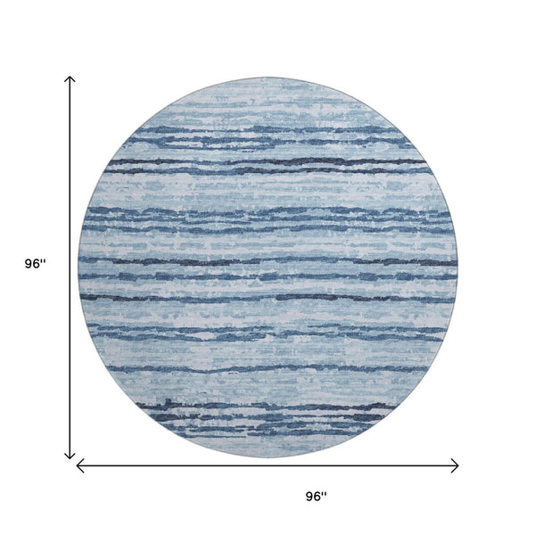 HomeRoots 8' Blue and Ivory Striped Round Rug - Washable, UV Protected, Durable for Kids & Pets, Coastal Charm 644044