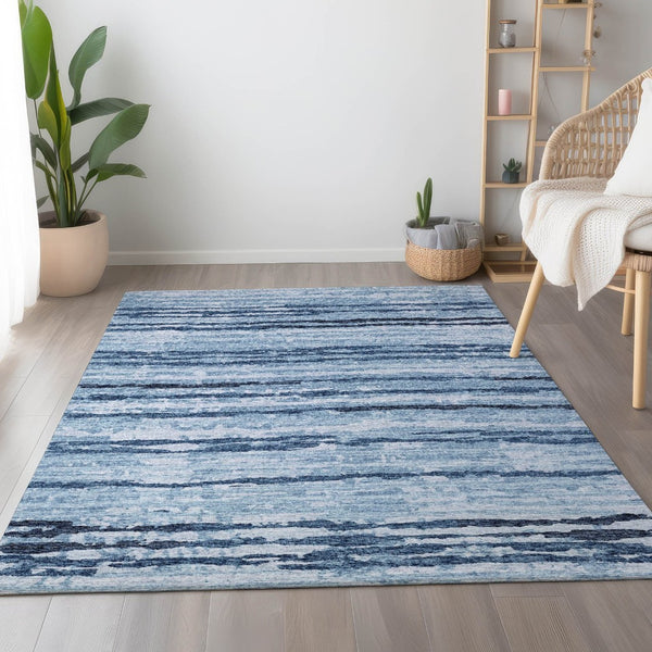 HomeRoots 10' X 14' Blue and Ivory Striped Area Rug - Washable, Stain Resistant, UV Protected for High Traffic Spaces 644047