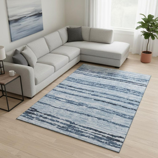 HomeRoots 10' X 14' Blue and Ivory Striped Area Rug - Washable, Stain Resistant, UV Protected for High Traffic Spaces 644047