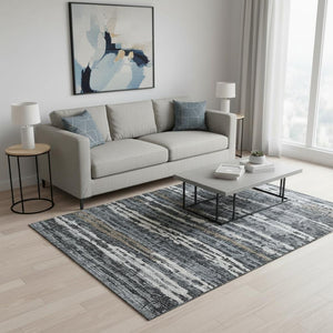 HomeRoots 5' Graphite and Ivory Striped Washable Area Rug with UV Protection for Modern Homes and Families 644049