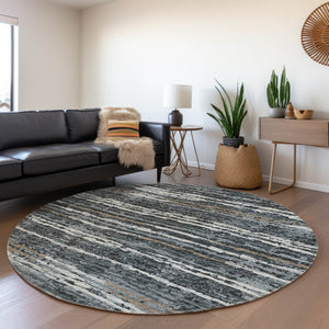 HomeRoots 8' Graphite and Ivory Striped Round Rug - Durable, Washable, UV-Protected for Stylish Living Spaces 644050
