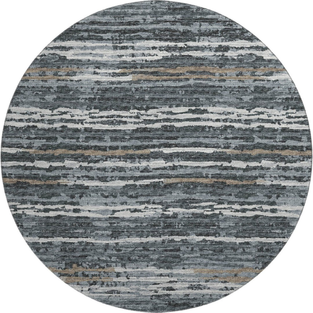 HomeRoots 8' Graphite and Ivory Striped Round Rug - Durable, Washable, UV-Protected for Stylish Living Spaces 644050
