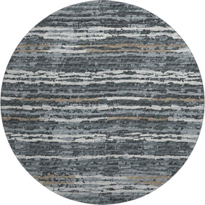 HomeRoots 8' Graphite and Ivory Striped Round Rug - Durable, Washable, UV-Protected for Stylish Living Spaces 644050