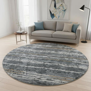 HomeRoots 8' Graphite and Ivory Striped Round Rug - Durable, Washable, UV-Protected for Stylish Living Spaces 644050
