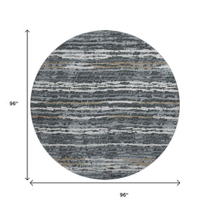 HomeRoots 8' Graphite and Ivory Striped Round Rug - Durable, Washable, UV-Protected for Stylish Living Spaces 644050