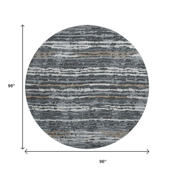 HomeRoots 8' Graphite and Ivory Striped Round Rug - Durable, Washable, UV-Protected for Stylish Living Spaces 644050