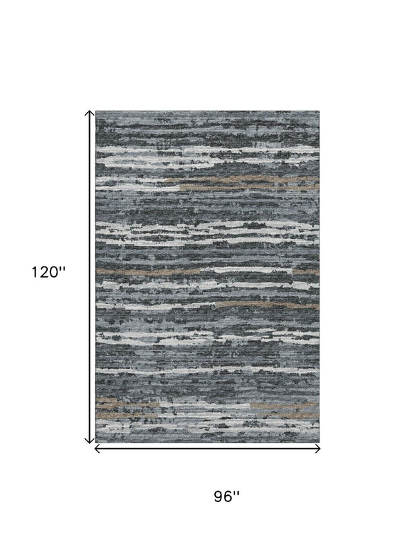 HomeRoots 8' X 10' Stylish Graphite and Ivory Striped Washable Area Rug with UV Protection for Modern Homes 644051