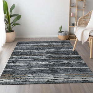 HomeRoots 9' X 12' Striped Graphite and Ivory Area Rug – Durable, Washable, UV-Protected for Busy Homes 644052