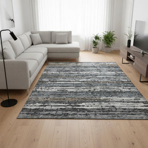 HomeRoots 9' X 12' Striped Graphite and Ivory Area Rug – Durable, Washable, UV-Protected for Busy Homes 644052