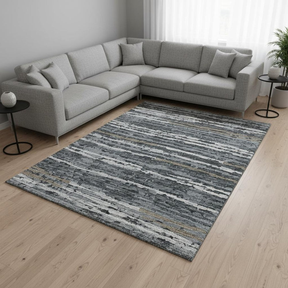 HomeRoots 10' X 14' Graphite & Ivory Striped Washable Area Rug – Durable, UV-Protected & Kid-Friendly Design! 644053