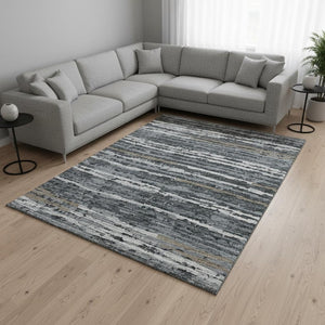 HomeRoots 10' X 14' Graphite & Ivory Striped Washable Area Rug – Durable, UV-Protected & Kid-Friendly Design! 644053