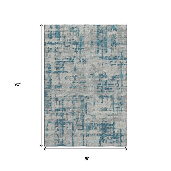HomeRoots 5' X 8' Persian Blue and Gray Abstract Area Rug - Stylish, Washable, UV-Protected for Homes with Kids! 644055