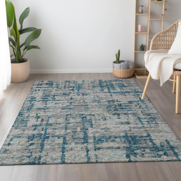 HomeRoots 5' X 8' Persian Blue and Gray Abstract Area Rug - Stylish, Washable, UV-Protected for Homes with Kids! 644055