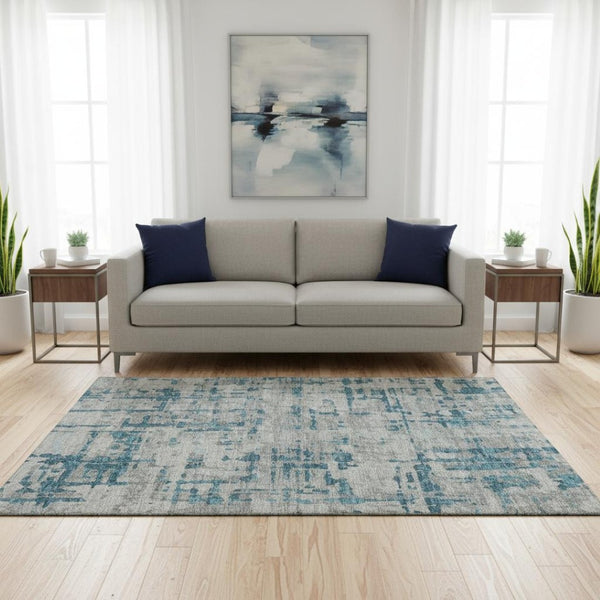 HomeRoots 5' X 8' Persian Blue and Gray Abstract Area Rug - Stylish, Washable, UV-Protected for Homes with Kids! 644055