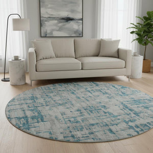 HomeRoots 8' Persian Blue and Gray Abstract Round Rug - Durable, Washable, UV Protected for Indoor & Outdoor Use 644056