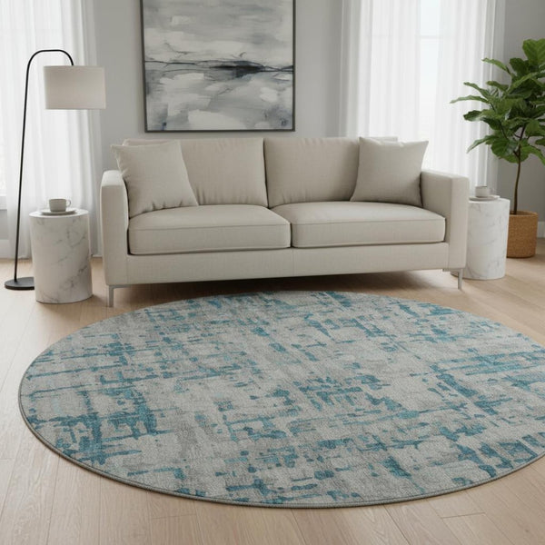 HomeRoots 8' Persian Blue and Gray Abstract Round Rug - Durable, Washable, UV Protected for Indoor & Outdoor Use 644056