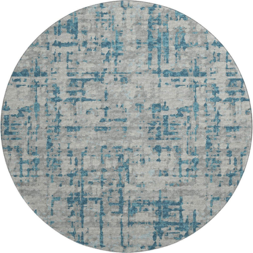 HomeRoots 8' Persian Blue and Gray Abstract Round Rug - Durable, Washable, UV Protected for Indoor & Outdoor Use 644056