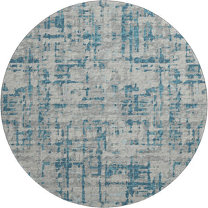 HomeRoots 8' Persian Blue and Gray Abstract Round Rug - Durable, Washable, UV Protected for Indoor & Outdoor Use 644056
