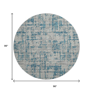 HomeRoots 8' Persian Blue and Gray Abstract Round Rug - Durable, Washable, UV Protected for Indoor & Outdoor Use 644056