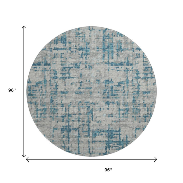 HomeRoots 8' Persian Blue and Gray Abstract Round Rug - Durable, Washable, UV Protected for Indoor & Outdoor Use 644056
