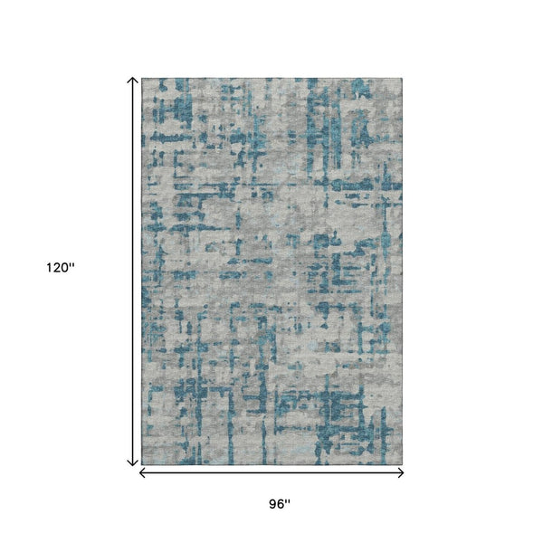 HomeRoots 8' X 10' Persian Blue and Gray Abstract Area Rug - Durable, Washable, UV-Protected for High Traffic Spaces 644057