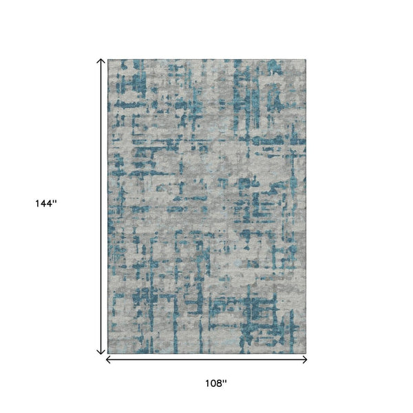 HomeRoots 9' X 12' Persian Blue & Gray Abstract Area Rug - Washable, UV-Resistant for Modern Living Spaces 644058
