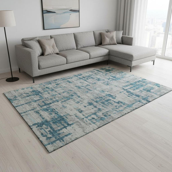 HomeRoots 9' X 12' Persian Blue & Gray Abstract Area Rug - Washable, UV-Resistant for Modern Living Spaces 644058